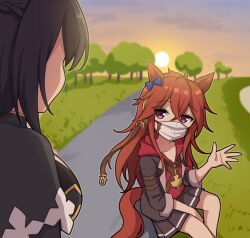 2girls animal_ears black_hair black_jacket black_skirt breasts brown_hair character_request check_character cloud collarbone commentary_request hair_between_eyes highres hood hood_down hoodie horse_ears horse_tail jacket kin&#039;iro_ryotei_(umamusume) long_hair mask medium_breasts mouth_mask multiple_girls open_clothes open_jacket orfevre_(old_design)_(umamusume) outdoors pleated_skirt purple_eyes red_hoodie sitting skirt sky sunset tail takiki tree umamusume very_long_hair
