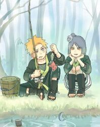 Rule 34 | 1boy, 1girl, blue hair, fish, fishing rod, flower, full body, hair flower, hair ornament, konan (naruto), meitarou, naruto (series), naruto shippuuden, orange hair, short hair, sitting, squiggle, water, yahiko (naruto)