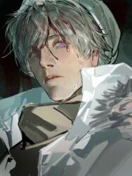 1boy axis_powers_hetalia black_background blood blood_in_hair blood_on_face brown_scarf closed_mouth commentary down_jacket english_commentary grey_hair hair_between_eyes hat highres jacket looking_at_viewer male_focus official_alternate_costume open_clothes open_jacket purple_eyes russia_(hetalia) scarf short_hair simple_background solo upper_body white_hat white_jacket zhongerweiyuan