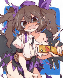 1girl black_skirt blush breasts brown_eyes brown_hair convenient_censoring embarrassed fang hat highres himekaidou_hatate holding holding_phone long_hair medium_breasts minoru_minoru open_mouth phone plaid_clothes plaid_skirt pointy_ears purple_skirt shirt skirt solo tearing_up tokin_hat torn_clothes touhou twintails white_shirt