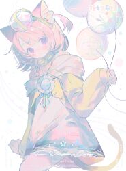1girl animal_ears balloon cat_ears cat_girl cat_tail chinese_commentary commentary_request commission cowboy_shot cr_xi_xi dress hair_ornament heart_balloon highres jacket long_sleeves looking_at_viewer one_side_up original pink_dress pink_eyes pink_hair short_hair sleeves_past_wrists solo standing tail watermark white_background x_hair_ornament yellow_jacket