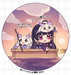 Rule 34 | 1girl, 1other, :d, ahoge, black hair, black shirt, blunt bangs, blush, boat, braid, character mask, cloud, collared shirt, commentary request, ear piercing, earrings, fishing, fishing rod, gold earrings, gradient sky, green eyes, grid background, highres, holding, holding fishing rod, jacket, jewelry, linked piercing, long hair, long sleeves, lunlun (nijisanji), mask, mask on head, meloco kyoran, meloco kyoran (1st costume), minecraft, multicolored hair, necktie, nijisanji, nijisanji en, open clothes, open jacket, open mouth, outdoors, piercing, purple eyes, purple hair, purple jacket, purple necktie, purple scrunchie, scrunchie, sekka (sekka1202), shirt, side braids, sky, smile, streaked hair, sun, sunset, translation request, twin braids, very long hair, virtual youtuber, water, watercraft, white background, wrist scrunchie