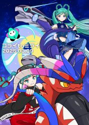 2girls 2others absurdres aqua_eyes aqua_hair aqua_nails blue_eyes blue_jacket blue_skirt blush braid closed_mouth crop_top crossover dragon dragon_horns earrings hair_ornament hatsune_miku heart heart_earrings highres horns jacket jewelry koraidon long_hair looking_at_viewer magical_mirai_miku magical_mirai_miku_(2023) magical_mirai_miku_(2025) midriff miku_day miraidon mofmama multiple_girls multiple_others navel nintendo non-humanoid_robot official_alternate_costume official_alternate_hairstyle parted_lips pokemon pokemon_(creature) project_voltage red_hair red_scales riding robot robot_dragon skirt sky smile star_(sky) star_(symbol) star_hair_ornament starry_sky stomach twin_braids twintails very_long_hair vocaloid yellow_eyes