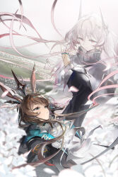 2girls amiya_(arknights) amiya_(medic)_(arknights) animal_ears arknights black_jacket brown_hair chinese_commentary closed_mouth dress field flower flower_field green_eyes hair_between_eyes high_collar highres jacket jewelry long_hair long_sleeves looking_at_another lying mag_(mag42) multiple_girls on_back outdoors pink_eyes pink_hair rabbit_ears rabbit_girl ring sidelocks smile theresa_(arknights) white_dress white_flower