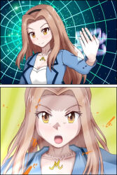 Rule 34 | 1girl, blue vest, breasts, brown eyes, cleavage, digimon, digimon adventure tri., digimon frontier, henshin, jewelry, long hair, necklace, shirt, solo, spirit evolution, tachikawa mimi, transformation, vest, white shirt, withlike