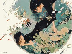 Rule 34 | air bubble, black hair, black shirt, black shorts, bubble, coral, fish, highres, ka (996beshi), original, shirt, short hair, short sleeves, shorts, signature, underwater