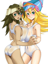 2girls ancient_egyptian ass bare_arms blonde_hair blush breast_press breasts brown_hair closed_mouth collarbone competition_swimsuit dark-skinned_female dark_magician_girl dark_skin dual_persona duel_monster facial_mark facing_viewer green_eyes hair_between_eyes hands_up happy hat holding holding_hands huge_breasts kawanuma_uotsuri large_breasts long_hair looking_at_viewer mana_(yu-gi-oh!) multiple_girls navel one-piece_swimsuit open_mouth sideboob simple_background smile spiked_hair standing swimsuit symmetrical_docking tongue white_background yu-gi-oh! yu-gi-oh!_duel_monsters yuri