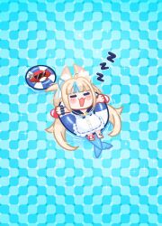 1girl :3 =_= ahoge animal_ear_fluff animal_ears blonde_hair blue_background blue_hair cat_ears checkered_background chibi chibi_only commentary crab dress drink english_commentary fang fins fish_girl fish_tail highres holding holding_drink indie_virtual_youtuber itspeachypocky lifebuoy_hair_ornament long_hair low_twintails lying multicolored_hair on_back open_mouth optical_illusion outstretched_arms sameko_saba sleeping smile solo spread_arms streaked_hair sunglasses swim_ring tail twintails very_long_hair virtual_youtuber white_dress zzz