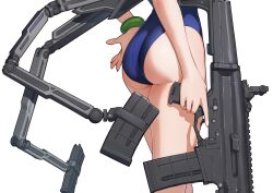 1girl absurdres ass ass_focus assault_rifle blue_one-piece_swimsuit bracelet girls&#039;_frontline girls&#039;_frontline_2:_exilium gun highres holding holding_gun holding_weapon jewelry magazine_(weapon) one-piece_swimsuit patatatan rifle robinson_armaments_xcr sharkry_(girls&#039;_frontline_2) solo swimsuit weapon weapon_request