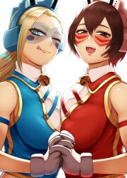 2girls animal_ears animal_hands asymmetrical_docking bare_shoulders bell blonde_hair blue_eyes blush boku_no_hero_academia breast_press breasts brown_eyes brown_hair claws closed_mouth dress facial_mark gloves gold_trim hair_between_eyes headgear highres holding_hands lips looking_at_viewer mandalay_(boku_no_hero_academia) multiple_girls nebitora neck_bell one_eye_closed open_mouth paw_gloves pixie-bob_(boku_no_hero_academia) simple_background sleeveless sleeveless_dress symmetrical_docking teeth tongue tongue_out upper_teeth_only white_background