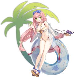 1girl artist_request bare_legs bare_shoulders bikini blue_ribbon bracelet breasts buoy cleavage flower full_body game_cg green_eyes hair_flower hair_ornament hair_ribbon highres jewelry legend_clover long_hair navel necklace official_alternate_costume official_art okita_souji_(legend_clover) open_hand open_mouth palm_tree pink_hair ribbon see-through_clothes solo stuffed_animal stuffed_toy swimsuit third-party_source transparent_background tree