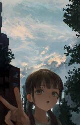 1girl black_hair brown_eyes building cloud cloudy_sky commentary_request fanged_bangs foreshortening highres looking_at_viewer low_twintails o_kizo open_mouth original outdoors portrait sky solo tree twintails v