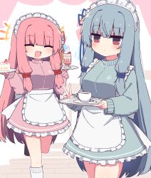 2girls alternate_costume apron blue_hair blue_jacket cake cake_slice coffee commentary dated_commentary dessert food gesture hibino_000 highres holding holding_plate holding_tray jacket jersey_maid kotonoha_akane kotonoha_aoi maid maid_apron maid_headdress multiple_girls open_mouth pink_hair pink_jacket plate red_eyes siblings sisters smile socks tray twins unconventional_maid voiceroid white_apron white_socks