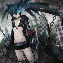 Rule 34 | 1girl, belt, black jacket, black rock shooter, black rock shooter (character), black rock shooter (game), black shorts, blue eyes, blue hair, chain, checkered floor, flaming eye, glowing, glowing eye, jacket, long hair, mechanical wings, open clothes, open jacket, scar, shorts, solo, star (symbol), stella (black rock shooter), twintails, uneven twintails, wings, yara kami meiosei