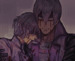 Rule 34 | 2boys, armor, blood, blood from mouth, bloody tears, clenched teeth, green eyes, grey background, grey hair, hair between eyes, ishida mitsunari (sengoku basara), japanese armor, jinbaori, looking at viewer, lowres, male focus, multiple boys, portrait, sengoku basara, short hair, takenaka hanbee (sengoku basara), teeth, toruglose, unconscious