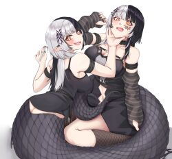 Rule 34 | 2025, 2girls, absurdres, arm strap, ass, black arm warmers, black choker, black dress, black hair, black nails, breasts, butt crack, chinese zodiac, choker, cleavage, dress, dual persona, grey hair, hair ornament, highres, holding, holding brush, hololive, hololive english, lamia, large breasts, long hair, looking at viewer, mmneko, monster girl, multicolored hair, multiple girls, navel, pointy ears, scales, shiori novella, shiori novella (1st costume), split-color hair, striped arm warmers, transparent background, two-tone hair, virtual youtuber, year of the snake, yellow eyes