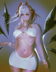 Rule 34 | 1girl, absurdres, alternate costume, antenna hair, antennae, arknights, bad anatomy, breasts, commentary, cowboy shot, demon horns, front-tie bra, grey hair, highres, horns, large breasts, long sleeves, looking at viewer, miniskirt, navel, open mouth, orange eyes, red horns, skirt, smile, solo, stomach, teeth, thighs, w (arknights), white skirt, wis&#039;adel (arknights), yuki flourish