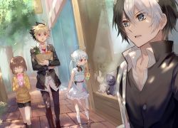 2boys 2girls :o ^_^ alternate_costume bag belt black_hair blonde_hair blue_eyes brown_hair character_doll choker closed_eyes crepe cross-laced_footwear dappled_sunlight dress colored_bangs food gakuran gym_shorts holding holding_crepe holding_food hood hoodie kido_hyde klllk linne_(under_night_in-birth) looking_inside merkava_(under_night_in-birth) multicolored_hair multiple_belts multiple_boys multiple_girls red_eyes ribbon_choker school_uniform seth_(under_night_in-birth) shopping_bag shorts shoulder_bag storefront stuffed_animal stuffed_rabbit stuffed_toy sunlight tree two-tone_hair under_night_in-birth vatista_(under_night_in-birth) white_dress white_hair wing_collar