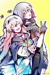 2girls aqua_dress black_gloves black_hairband black_jacket blush closed_eyes collared_dress cropped_jacket dress electronduck firefly_(honkai:_star_rail) frilled_sleeves frills gloves gradient_hair grey_hair hair_between_eyes hair_intakes hairband highres honkai:_star_rail honkai_(series) jacket long_hair long_sleeves multicolored_hair multiple_girls neckerchief open_mouth orange_neckerchief smile stelle_(honkai:_star_rail) trailblazer_(honkai:_star_rail) v white_sleeves yellow_eyes