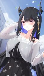 Rule 34 | 1girl, absurdres, alternate costume, asymmetrical horns, black dress, black hair, black wings, blue hair, blue sky, blush, breasts, collarbone, colored inner hair, commentary request, day, dress, feathered wings, floral print, floral print dress, flower, flower knot, fortissimo, hair ornament, highres, hololive, hololive english, horn flower, horns, ilie ilie, large breasts, long hair, low wings, multicolored hair, musical note, musical note hair ornament, nerissa ravencroft, off-shoulder shirt, off shoulder, outdoors, print dress, purple eyes, see-through clothes, see-through shirt, shirt, sidelocks, sky, slit pupils, solo, straight hair, tassel, tassel hair ornament, uneven horns, very long hair, virtual youtuber, white shirt, wings