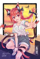 :d absurdres alternate_costume animal_ear_fluff animal_ears bird black_bow black_shorts bow braid cat_ears cat_girl cat_tail clothes_writing commentary_request fang fingernails hair_bow highres kaenbyou_rin kagurachiriri komeiji_koishi komeiji_satori long_fingernails long_hair looking_at_viewer multiple_tails open_mouth outdoors red_eyes red_hair red_nails reiuji_utsuho reiuji_utsuho_(bird) shoes short_sleeves shorts side_braids signature sitting smile sunset tail touhou twin_braids two_tails w white_shoes