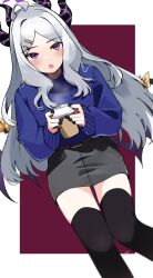 1girl absurdres ahoge black_halo black_skirt black_thighhighs blue_archive blush breasts cup demon_girl demon_horns demon_wings halo highres hina_(blue_archive) holding holding_cup horns long_hair looking_at_viewer purple_eyes simple_background skirt small_breasts solo thighhighs white_hair wings zettai_ryouiki zono_(inokura_syuzo029)