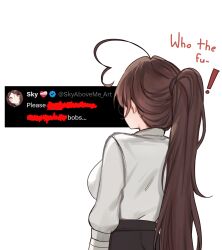 ! 1girl absurdres ahoge back breasts brown_hair censored collared_shirt english_text hair_elastic heart heart_ahoge heart_emoji high-waist_skirt highres huge_ahoge indie_virtual_youtuber large_breasts long_hair looking_to_the_side original ponytail scribble_censor shirt skirt sky_above_me sky_above_me_(vtuber) solo standing twitter_username very_long_hair white_background white_shirt