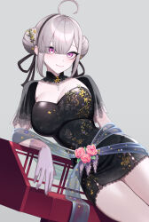 1girl absurdres ahoge black_choker black_dress black_ribbon blush breasts china_dress chinese_clothes choker closed_mouth commentary double_bun dress floral_print flower gloves grey_background grey_hair hair_bun hair_ribbon highres large_breasts looking_at_viewer mole mole_under_eye nijisanji norinki_(ringknightsaki) pink_eyes pink_flower pink_rose purple_gloves ribbon rose short_sleeves simple_background sitting solo sukoya_kana sukoya_kana_(9th_costume) thighs virtual_youtuber wisteria