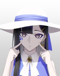 absurdres black_hair earrings hair_ornament hairclip hat highres idobata jewelry long_hair mature_female simple_background takt_op. tengoku_(takt_op.) white_hat