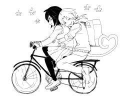 1boy 1girl :3 backpack bag bicycle black_hair black_pantyhose breasts couple dede_(qwea_00000) final_fantasy final_fantasy_ix full_body furrowed_brow garnet_til_alexandros_xvii heart heart_tail hetero hug hug_from_behind loafers low_ponytail medium_breasts monkey_tail pantyhose parted_bangs pleated_skirt ponytail riding riding_bicycle school_uniform shoes short_hair skirt sweater_vest tail white_background zidane_tribal