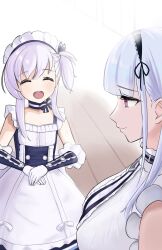 2girls :d ^_^ aged_down anchor_choker apron azur_lane black_bow bow breasts center_frills choker closed_eyes closed_mouth commentary_request dido_(azur_lane) dress frilled_choker frills gloves highres kotto-koto large_breasts little_bel_(azur_lane) long_hair looking_at_another maid maid_headdress multiple_girls open_mouth partial_commentary purple_eyes sidelocks sleeveless sleeveless_dress smile teeth upper_teeth_only white_apron white_background white_gloves white_hair