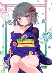 1girl aihara_tsubaki bare_shoulders black_hair blush breasts choker closed_mouth collarbone commentary_request flower hair_flower hair_ornament highres japanese_clothes kimono looking_at_viewer obi ongeki panties pantyshot red_eyes red_flower sash sen_chan_(akane1023) short_hair sitting smile solo striped_background underwear