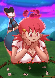 Rule 34 | 1girl, absurdres, arm support, ass, breasts, cleavage, dakunart, dynamax, female focus, full body, gen 2 pokemon, gigantamax, highres, large breasts, legs up, lying, matching hair/eyes, miltank, nintendo, on stomach, pink eyes, pink hair, pokemon, pokemon hgss, short hair, solo, whitney (pokemon)