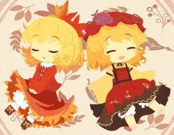 Rule 34 | 2girls, :&gt;, ^ ^, aki minoriko, aki shizuha, akihiyo, barefoot, black ribbon, blonde hair, bloomers, blush stickers, boots, bow, brown boots, chibi, chibi only, closed eyes, closed mouth, commentary request, dress, grape hat ornament, hat, highres, long sleeves, medium hair, mob cap, multiple girls, neck ribbon, open mouth, orange bow, pinafore dress, red dress, red hat, red shirt, red skirt, ribbon, shirt, siblings, sisters, skirt, sleeveless, sleeveless dress, smile, socks, touhou, u u, underwear, white bloomers, white socks, wide sleeves, yellow shirt