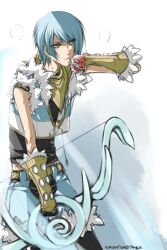 1boy black_pants black_shirt blood blood_on_hands blue_hair blue_shorts bow_(weapon) brown_gloves closed_mouth commentary cowboy_shot crop_top english_commentary fumiddition fur-trimmed_gloves fur-trimmed_shirt fur-trimmed_shorts fur_trim gloves highres holding holding_bow_(weapon) holding_weapon looking_at_viewer male_focus pants pants_under_shorts ragnarok_online shirt short_hair shorts sleeveless sleeveless_shirt sniper_(ragnarok_online) solo two-tone_shirt watermark weapon web_address yellow_eyes
