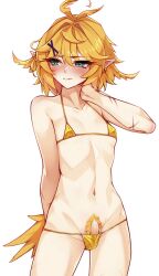 1futa ahoge aqua_eyes bare_arms bare_legs bare_shoulders bikini blonde_hair blonde_pubic_hair blush breasts collarbone commentary cowboy_shot cross_scar dokibird_(vtuber) embarrassed erection excessive_pubic_hair eyes_visible_through_hair fang fang_out female_pubic_hair futanari gold_bikini golden_week golden_week_bikini hair_between_eyes hair_ornament highres indie_virtual_youtuber looking_to_the_side navel penis penis_in_swimsuit pointy_ears pubic_feathers pubic_hair ricegnat scar short_hair simple_background small_breasts small_penis solo stomach string_bikini swimsuit symbol-only_commentary tail uncensored virtual_youtuber wavy_mouth white_background x_hair_ornament