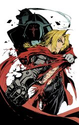 2boys abs absurdres alphonse_elric armor belt black_pants black_shirt blonde_hair body_markings braid clenched_hand cloak edward_elric frown fullmetal_alchemist gloves helmet highres injury long_hair looking_at_viewer looking_to_the_side mechanical_arms multiple_boys my_nameisyoon pants prosthesis prosthetic_arm red_cloak robot scar scar_on_chest shirt shoulder_armor shoulder_spikes sidelocks simple_background single_braid single_glove single_mechanical_arm spikes tearing_clothes torn_clothes torn_shirt white_background white_gloves yellow_eyes