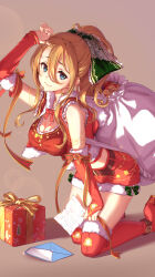 1girl absurdres belt blonde_hair blue_eyes boots bow box breasts bridal_gauntlets christmas cleavage cropped_vest elbow_gloves envelope fur-trimmed_boots fur-trimmed_gloves fur-trimmed_shorts fur-trimmed_vest fur_hood fur_trim gift gift_box gloves hair_bow hand_up highres holding holding_sack hood hood_down kamome_yuu kneeling large_breasts letter long_hair looking_at_viewer midriff original ponytail ribbon sack short_shorts shorts smile solo thigh_boots vest