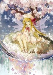 1girl blonde_hair bloomers blue_eyes bow broken_glass cherry dress fairy fairy_wings flower food fruit glass grass hat knees light_smile lily_white long_hair orb plant red_bow sanuo shoes sitting snowflake_ornament solo spilling touhou tree underwear vines white_dress white_hat white_shoes wings