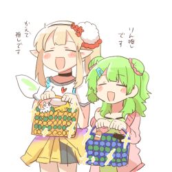 2girls :d bag blush_stickers brown_hair camisole chibi closed_eyes clothes_around_waist clothes_writing double_bun elf elu_(1st_costume)_(nijisanji) elu_(nijisanji) fairy_wings glint green_camisole green_hair green_wings grey_skirt hair_bun hair_ornament hairclip holding holding_bag i_heart... jacket long_hair lowres morinaka_kazaki morinaka_kazaki_(2nd_costume) multiple_girls nijisanji open_clothes open_jacket open_mouth pink_jacket pleated_skirt pointy_ears rebecca_(keinelove) shirt short_sleeves side_ponytail simple_background skirt smile translation_request virtual_youtuber white_background white_shirt wings