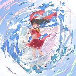 Rule 34 | 1girl, absurdres, ascot, between fingers, bow, brown hair, commentary, detached sleeves, frilled bow, frilled hair tubes, frilled skirt, frills, full body, hair bow, hair tubes, hakurei reimu, highres, holding, kneehighs, kurukuru1202kr, long hair, looking at viewer, magic circle, midriff, navel, ofuda, ofuda between fingers, red bow, red eyes, red skirt, ribbon-trimmed sleeves, ribbon trim, sandals, skirt, skirt set, socks, solo, touhou, white socks, yellow ascot
