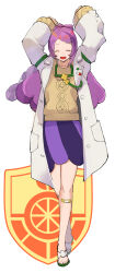1girl breasts closed_eyes coat green_sandals highres jewelry lab_coat long_hair long_sleeves miriam_(pokemon) multicolored_hair nintendo open_clothes open_coat open_mouth pencil_skirt pink_hair pokemon pokemon_sv purple_hair sandals school_nurse skirt solo streaked_hair striped_clothes striped_skirt sweater swept_bangs white_coat yachimata_1205 yellow_sweater