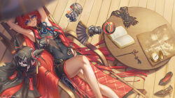 1girl absurdly_long_hair arms_up bare_legs beach_chair black_bodysuit black_cloak black_gloves black_shoes bodysuit book breasts circle_facial_mark cloak commentary compass_(instrument) disembodied_hand earrings english_commentary from_above gloves hair_ornament hair_stick highres jewelry jinjung_b large_breasts legs long_hair lying mark_under_both_eyes mechanical_hands on_back open_book parted_lips red_hair shoes single_earring smile solo sunglasses treasure_map unworn_gloves unworn_shoes very_long_hair wuthering_waves yinlin_(wuthering_waves) zapstring_(wuthering_waves)