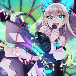 Rule 34 | 1girl, antenna hair, azure striker gunvolt, bare shoulders, blonde hair, breasts, butterfly hair ornament, butterfly wings, cleavage, cowboy shot, dress, energy wings, hair ornament, idol, insect wings, large breasts, lumen (gunvolt), massamu, microphone, multicolored hair, music, open mouth, pink hair, singing, solo, strapless, strapless dress, two-tone hair, white dress, wings