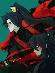 2boys black_eyes black_hanfu blue_background blue_eyes chinese_clothes curtained_hair double-parted_bangs hair_between_eyes hair_ornament hair_over_one_eye hair_tie hanfu high_ponytail highres holding holding_staff hong_lu_(project_moon) jia_qiu_(project_moon) julysleepy limbus_company looking_at_object multiple_boys ponytail project_moon red_scarf scarf serious staff upper_body
