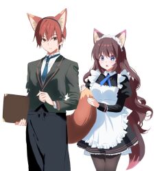 Rule 34 | 1boy, 1girl, :o, a-chan (little busters!), alternate costume, animal ears, apron, black dress, black jacket, blue eyes, blue necktie, blue ribbon, blush, brown eyes, brown hair, cat ears, cat tail, closed mouth, collared shirt, commentary, cowboy shot, dress, enmaided, fake animal ears, fake tail, frilled apron, frilled dress, frills, frown, hair between eyes, holding another&#039;s tail, jacket, juliet sleeves, little busters!, long hair, long sleeves, looking at viewer, maid, maid apron, maid headdress, miiizuno lbs, natsume kyousuke, neck ribbon, necktie, open mouth, puffy sleeves, ribbon, shirt, short hair, simple background, split mouth, tail, tareme, tsurime, very long hair, white apron, white background, white shirt