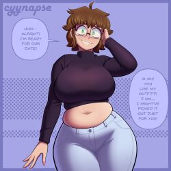 1girl absurdres ahoge arm_up artist_name black-framed_eyewear black_sweater breasts brown_hair cropped_sweater cyynapse denim ellie_(cyynapse) english_text glasses green_eyes highres jeans large_breasts long_sleeves looking_at_viewer muffin_top navel open_mouth original pants plump rectangular_eyewear smile solo speech_bubble sweater