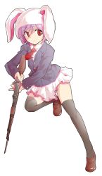 1girl alphes_(style) animal_hood arisaka bayonet blazer bolt_action business_suit closed_mouth collared_shirt commentary_request dairi formal_clothes full_body gun hood jacket large_variant_set loafers looking_at_viewer miniskirt necktie parody purple_hair rabbit_hood red_eyes reisen_(touhou_bougetsushou) rifle running shirt shoes short_hair skirt solo style_parody suit tachi-e thighhighs touhou transparent_background variant_set weapon
