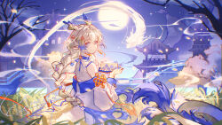 1girl 1other absurdres alternate_costume alternate_hairstyle architecture arknights braid cake closed_mouth dragon_girl dragon_horns dragon_tail earrings east_asian_architecture eastern_dragon_horns eastern_dragon_tail flower food full_moon green_eyes hair_flower hair_ornament highres holding holding_cake holding_food horns jewelry long_hair looking_at_viewer looking_back moon pointy_ears red_flower shu_(arknights) single_braid smile tail tassel tassel_earrings very_long_hair yozen