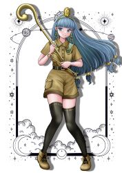 1girl belt belt_buckle black_belt black_thighhighs blue_eyes blue_hair blunt_bangs border brown_shirt brown_shoes brown_shorts buckle buttons closed_mouth collared_shirt commentary crescent drop_shadow earrings full_body gold gold_buckle hair_bobbles hair_ornament headpiece highres holding holding_scepter jewelry key key_earrings kyabekko long_hair looking_at_viewer michigami_nareko ornate_border outside_border pocket scepter shirt shoes shorts smile solo sparkle standing thighhighs touhou very_long_hair